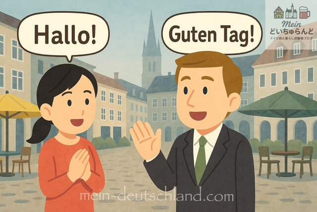 ドイツの街角で挨拶を交わす男女のイラスト